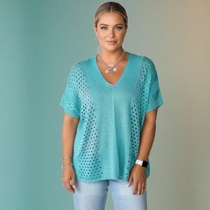 Teal Open-Knit V-Neck Sweater | Oversized Lightweight Short Sleeve Top (L)